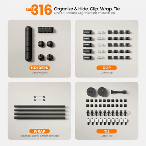 Dope 316 Piece Cable Management Organizer Kit with holders, clips, wraps, and ties for under desk setup