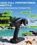 Remote for Beast 19 Inch Brushless RC Racing Boat with control labels, 2.4GHz throttle, by a tropical beach setting.