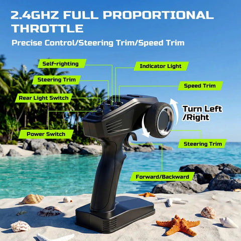 Remote for Beast 19 Inch Brushless RC Racing Boat with control labels, 2.4GHz throttle, by a tropical beach setting.