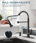 Slick Black Kitchen Faucet With Built In Soap Dispenser Serves Up A Smooth Pull Down Sprayer In Three Easy Modes Made From Solid Lead Free Stainless Steel For Absolutely Zero Drip Drama On Your Daily Kitchen Hustle, featuring 18-inch hose and 360-degree swivel.