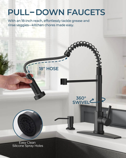 Slick Black Kitchen Faucet With Built In Soap Dispenser Serves Up A Smooth Pull Down Sprayer In Three Easy Modes Made From Solid Lead Free Stainless Steel For Absolutely Zero Drip Drama On Your Daily Kitchen Hustle, featuring 18-inch hose and 360-degree swivel.