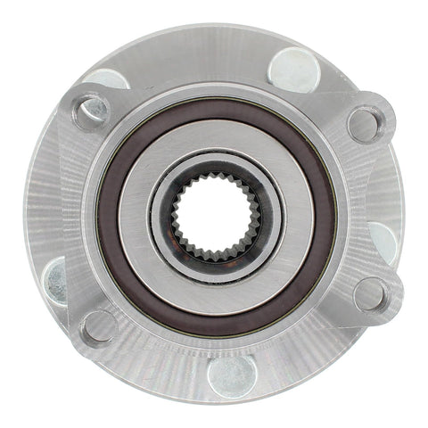 Pair Front Left And Right Wheel Bearing And Hub Assemblies For Subaru Ascent Forester Impreza Legacy Outback Tribeca Crosstrek WRX And WRX STI With Durable Steel Construction And Precise Machining For Easy Fit And Long Lasting Rock Solid Performance, viewed from above showcasing circular structure.