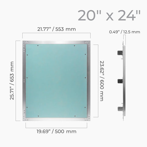 Heavy Duty 20x24 Inch Wall Or Ceiling Access Panel Waterproof Drywall Cutout Aluminum Frame with dimensions displayed.