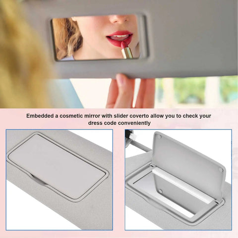 Driver Side Sun Visor With Light For Nissan Altima 2013 2018 Gray Left Replacement showing embedded cosmetic mirror in use