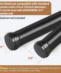 Small Size End Cap Replacement Finials Set Of 2 Black For Curtain Rods Easy Install For Standard Three Quarter Inch Rods With 0.47 Inch Screws Durable Metal Finish, shown on 3/4 and 5/8 in rods