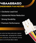 Close-up view of a condenser fan motor connector with wires, labeled for clockwise lead end, durability, and premium performance.
