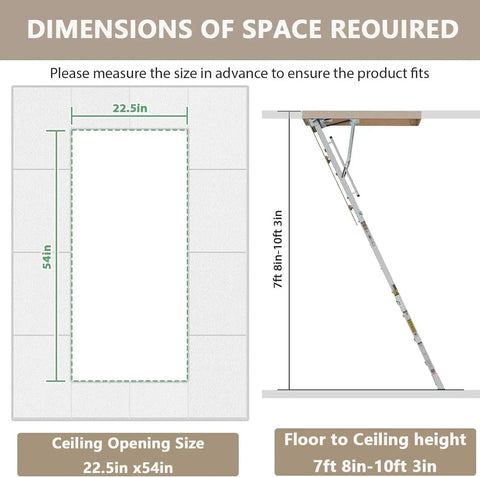 Heavy Duty 10 Ft Aluminum Attic Ladder Pull Down System For 54 By 25 Inch Opening Drop Down Hidden Attic Stairs With 350 Pound Load Fits 7 Foot 8 Inch To 10 Foot 3 Inch Ceilings Durable Pine Side Panels dimensions diagram for 22.5x54 opening and 7ft 8in-10ft 3in ceiling
