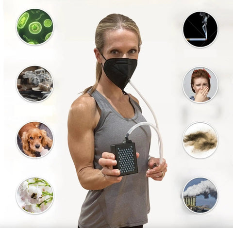 Woman using Fresh Air System For Any Mask Reusable Respirator With 4 Speed Fan Delivers Filtered Air For Dust Work Painting Welding