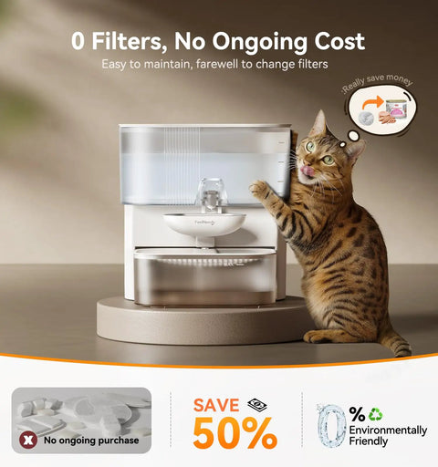 Wastewater Separation Cat Water Fountain With 3.5L Stainless Steel Bowl and cat beside self cleaning cycle, no filters needed, white.