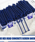 200 Piece Blue Hex Concrete Screw Anchors 1/4 X 3-1/4 Inch PTFE Carbon Steel Masonry Bolts in a clear box.