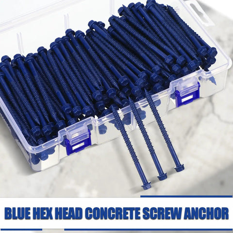 200 Piece Blue Hex Concrete Screw Anchors 1/4 X 3-1/4 Inch PTFE Carbon Steel Masonry Bolts in a clear box.