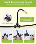 Diagram showing installation steps of 50Ft Drip Irrigation System Garden Watering Kit With 15 360 Degree Adjustable Copper Nozzles.