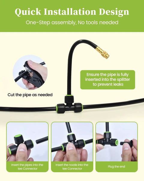 Diagram showing installation steps of 50Ft Drip Irrigation System Garden Watering Kit With 15 360 Degree Adjustable Copper Nozzles.