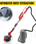 Drywall Sander Workhorse 750W With 800 To 1750 RPM Variable Speed Foldable Sheetrock Design shown with vacuum bag for dust collection.