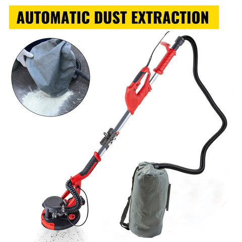 Drywall Sander Workhorse 750W With 800 To 1750 RPM Variable Speed Foldable Sheetrock Design shown with vacuum bag for dust collection.