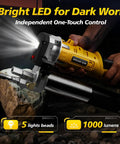 Person using 2-In-1 Electric Grease Gun Kit With 12000 PSI Cordless Power, LED light on, highlighting greasy machinery part