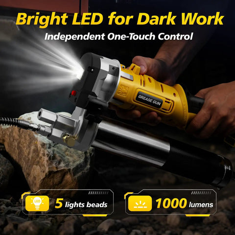 Person using 2-In-1 Electric Grease Gun Kit With 12000 PSI Cordless Power, LED light on, highlighting greasy machinery part