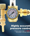 Front view of brass Argon/CO2 welding gas regulator with circular pressure gauge and hose fittings.