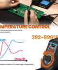 Person using 926LED V3 Beginner Friendly 60W Soldering Station Kit With Temperature Control on circuit board, temp control display
