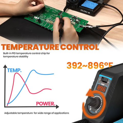 Person using 926LED V3 Beginner Friendly 60W Soldering Station Kit With Temperature Control on circuit board, temp control display