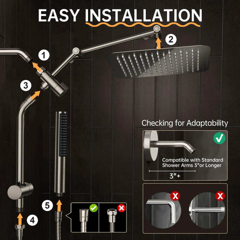Enhanced High Pressure Handheld Shower Head With Anti Clog Nozzles Easy Install diagram showing installation steps and compatibility