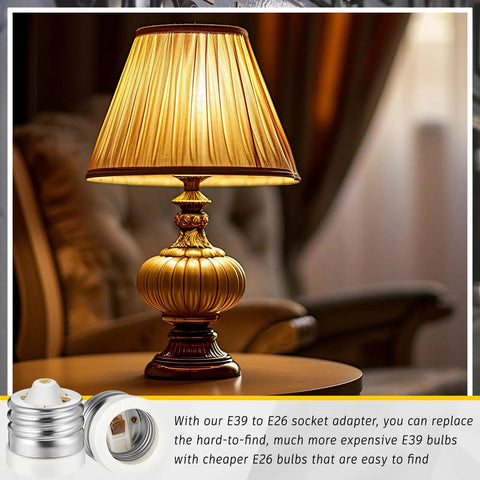 Ten Pack Top Shelf Ceramic Mogul E39 To E26 Socket Converter Adapts Heavy Duty Floodlight Fixtures To Standard Medium Lamp Bases Handles Six Hundred Watts Without Breaking A Sweat For Backyard Or Workshop Lighting, showing a decorative lamp and socket.