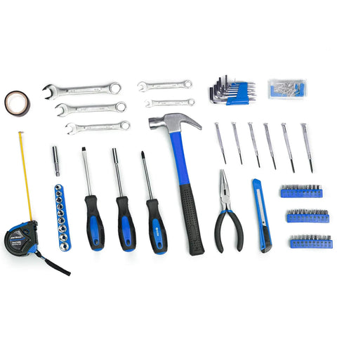 Must Have 148 Piece Automotive And Household Tool Set In Blue Case For Home And Auto Repairs, shown tools on white background.