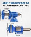 Six Inch Heavy Duty Bench Vise With Rotating Swivel Base And Head Built From Solid Cast Iron, showing jaw opening and dimensions.