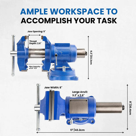 Six Inch Heavy Duty Bench Vise With Rotating Swivel Base And Head Built From Solid Cast Iron, showing jaw opening and dimensions.