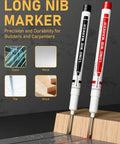 Long Nib Marker for precision marking on wood and metal surfaces, showcasing red and black options for carpenters and builders.