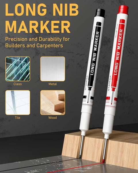 Long Nib Marker for precision marking on wood and metal surfaces, showcasing red and black options for carpenters and builders.
