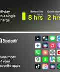 Graphical information showing battery life up to 8 hours, quick charge in 2 hours, Bluetooth compatibility, and app icons.