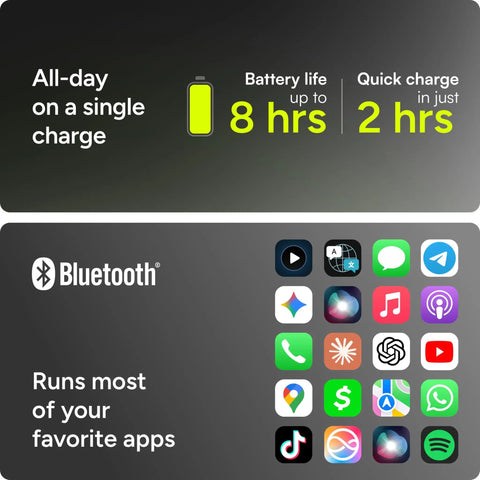 Graphical information showing battery life up to 8 hours, quick charge in 2 hours, Bluetooth compatibility, and app icons.