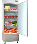 Heavy Duty Commercial Reach In Freezer 29 Inch Single Door Stainless Steel Cabinet with various frozen foods displayed.
