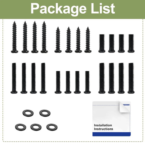Package contents of Real Deal Tv Stand Leg Hardware Kit includes machine bolts, flat washers, and installation instructions.