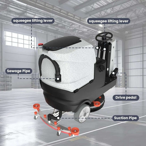 Side view of Micro Ride On Floor Scrubber Dryer Kit 22 Inch Cleaning Path 25 Gallon Capacity Up To 55,000 Sq Ft Per Hour Lithium Battery.