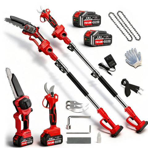 Do It All Cordless Pole Saw Kit with 16 ft extendable pole, 8 in bar, mini chainsaw, pruning shears, dual 4Ah batteries displayed