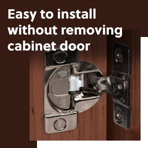 Close-up of Cabinet Restrictor Clips For Grass TEC 864 Hinges installed on wooden cabinet, no door removal needed.