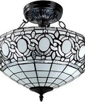 Stained Glass Hanging Lamp Semi Flush Mount, 16 Inch Wide, White Antique Glass, Vintage Look For Living Room Dining Room Kitchen