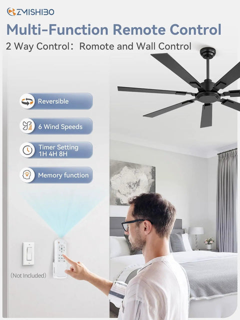 60 Inch Ceiling Fan No Light With Remote Black Modern Design Quiet DC Motor 6 Speeds 7 Blades Indoor Outdoor Reversible