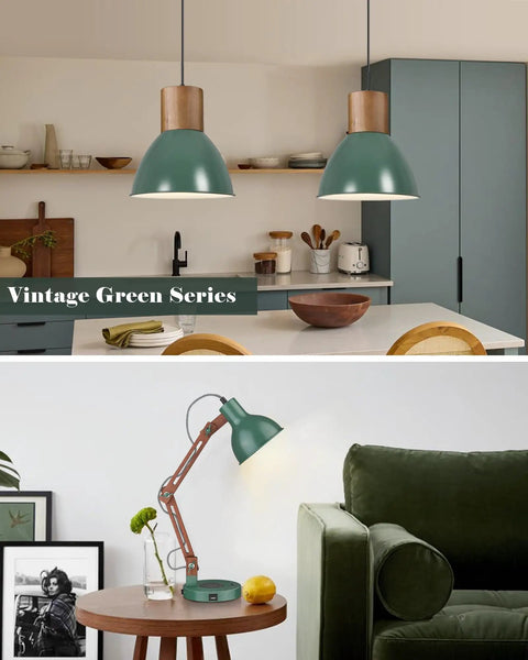 Vintage Green Industrial Pendant Light With Solid Wood And Iron Adjustable Height Ceiling Fixture for modern kitchen