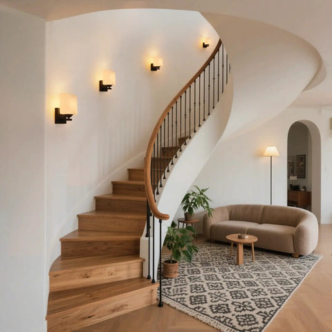 Modern Black Milk Glass Wall Sconces, 1 Pack Hardwired Wall Light Fixtures illuminating a stylish staircase interior.