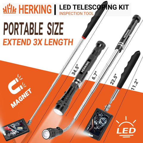 Telescoping Magnetic Pickup Tool Set With Inspection Mirror And 3 LED Lights Flexible Gooseneck 360 Degree Rotation Magnet Head