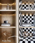 Before and after shelves with Checkered Peel And Stick Wallpaper Black And White For Kitchen Backsplash And Cabinets Decor No Mess Easy Install Self Adhesive Removable Vinyl 30x120 Inch Roll Covers 25 Sq Ft Durable Thickened Checkerboard Wall Covering.