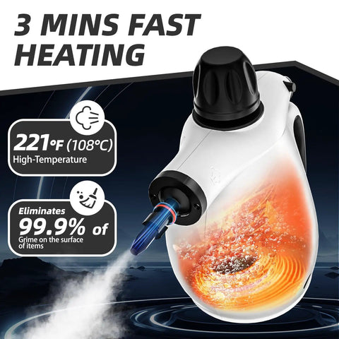 Grab This Badass Portable Handheld Steam Cleaner! 1300W with steam nozzle, showcasing high-temperature vapor cleaning capability.