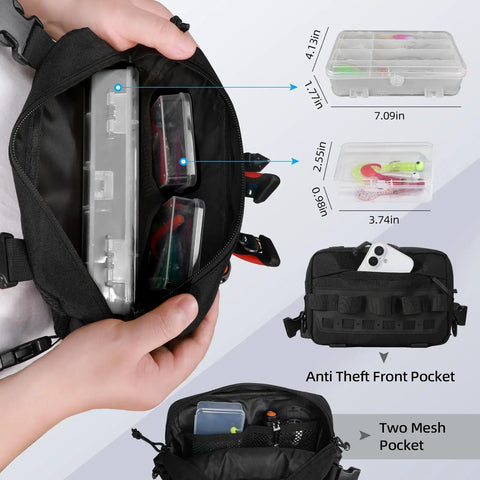 Water Resistant Outdoor Chest Bag For Men With Lightweight Tactical Design, showing interior pockets with gear and anti-theft front pocket.