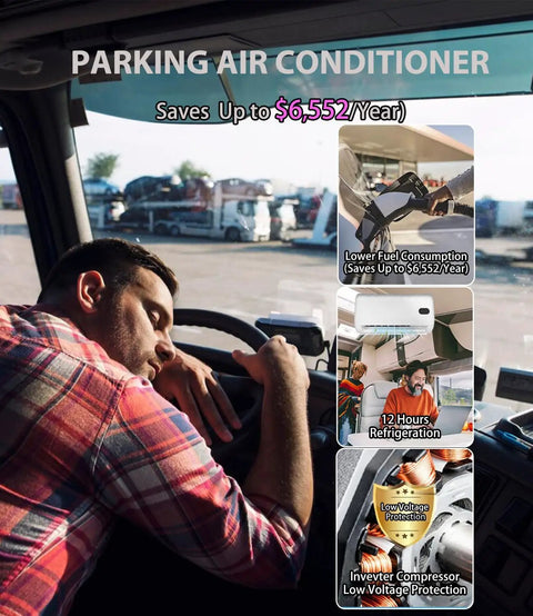 12V Mini Split Air Conditioner With Brushless Motor For Trucks RVs And Vans 9500 BTU featured in a truck cabin with benefits listed