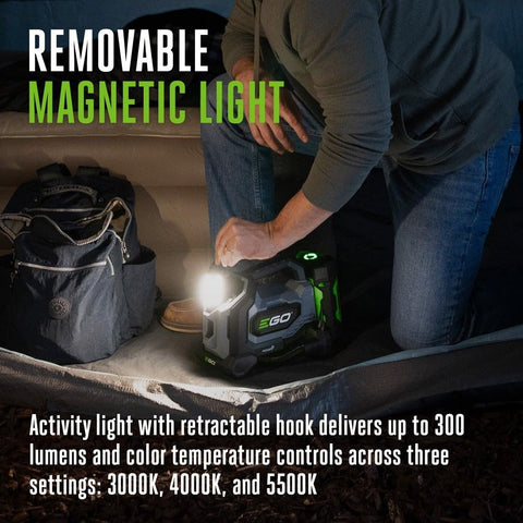 Man using removable magnetic light in a tent next to gear, showing 160 PSI Compact Tire Inflator feature.