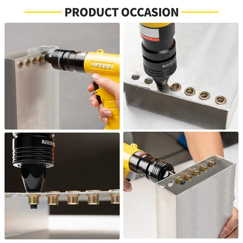 Pneumatic Rivet Nut Gun With Self Locking Heads And Quick Change Mandrels In One Quarter Inch, Five Sixteenths Inch, And Three Eighths Inch Sizes in use.