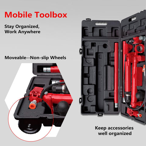 Built Like A Tank Professional Grade 10 Ton Porta Power Hydraulic Jack Kit With Heavy Duty Pump And 13 Piece Attachment Set For Auto Body Frame Straightening And Garage Work That Gets Done Right Without Breaking A Sweat in a mobile toolbox with non-slip wheels.